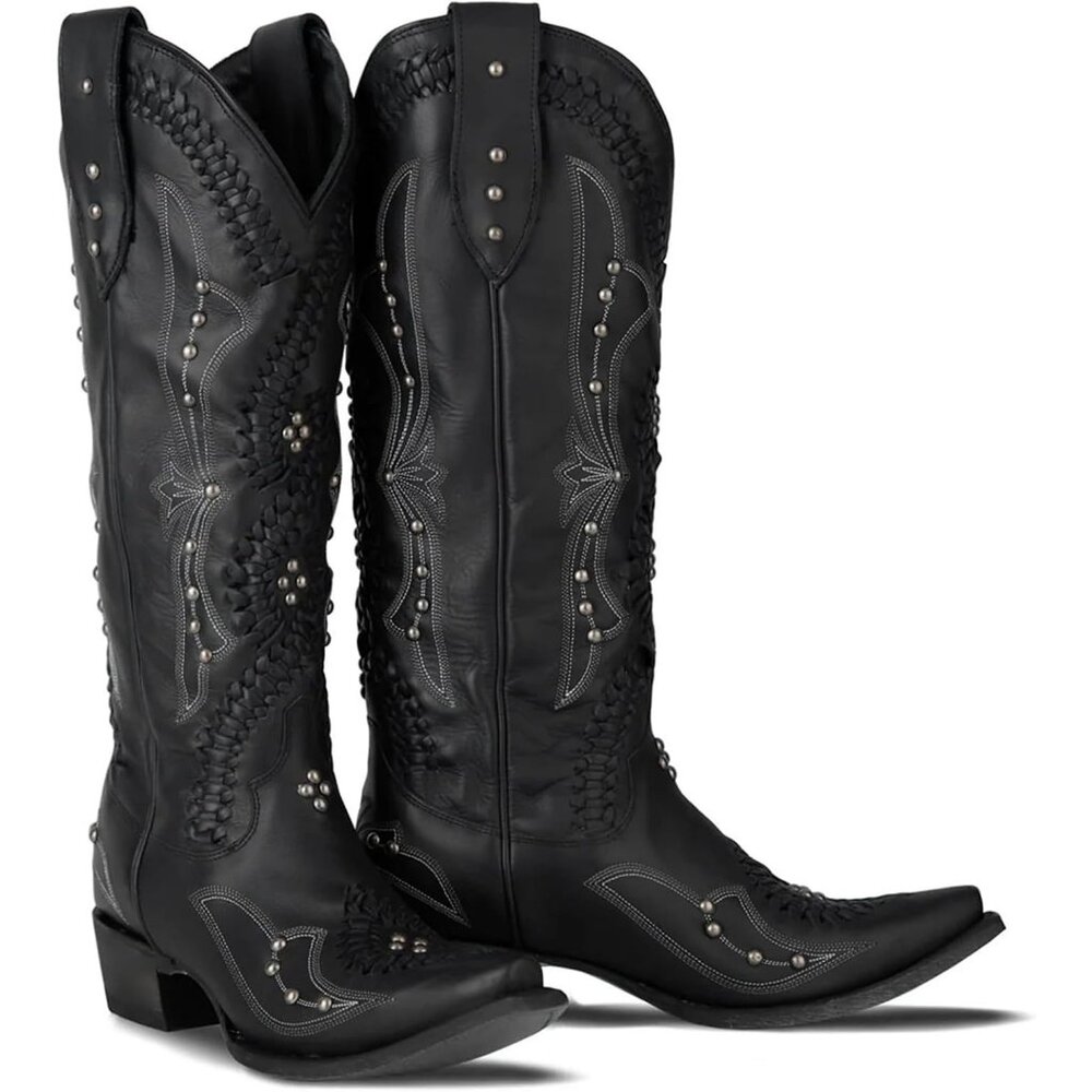 Women's Black Leather Embroidery Knee High Western Cowgirl Boots Lightweight - Picture 1 of 6